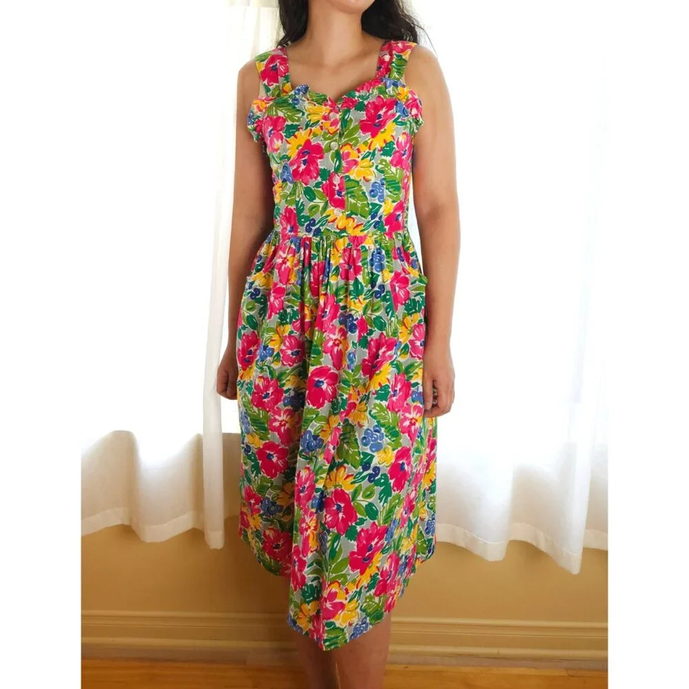 Vintage tropical cotton floral sleeveless midi dress, ruffle sweetheart neckline - Picture 2 of 13